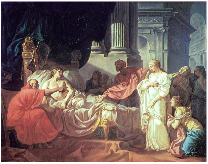 Erasistrato descobre que a causa do mal de Antiocho &eacute; seu amor por Estratonice. Jacques-Louis David, 1774.