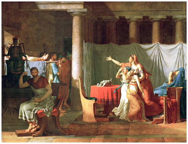 Junius Brutus, primeiro c&ocirc;nsul, de volta &agrave; sua casa ap&oacute;s ter condenado seus dois filhos que haviam se unido aos Tarqu&iacute;nios e tinham conspirado contra a liberdade romana. Os lictores trazem seus corpos para que ele lhes d&ecirc; sepultura. Jacques-Louis David, 1789.