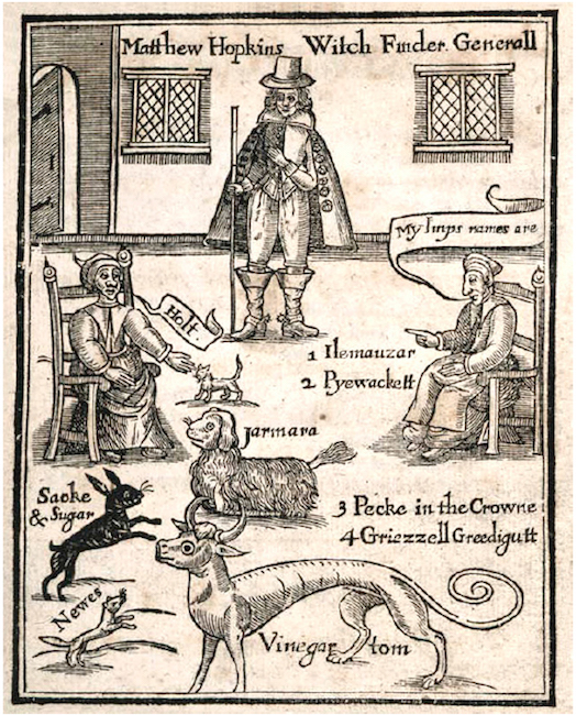 Bruxas e seus demônios familiares segundo ilustração da “Discovery of Witches” de Matthew Hopkins (1647).