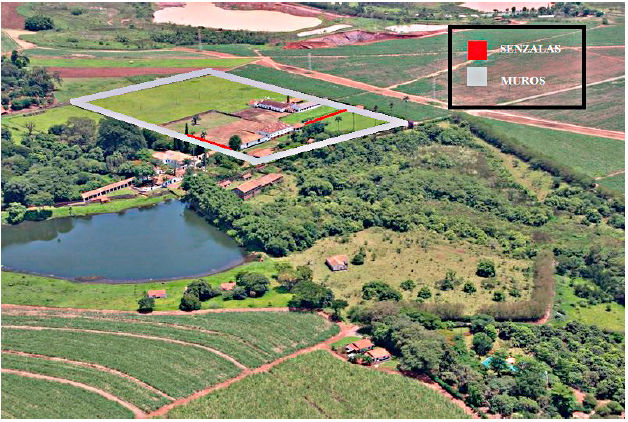 Ambiente produtivo da Ibicaba, com destaque para as senzalas e os muros.