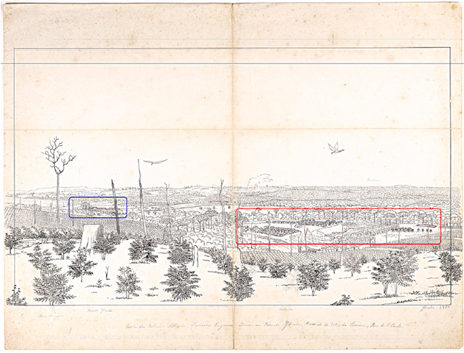 Vista da fazenda Ibicaba do Morro Azul com detalhe &agrave; sede (em azul) e &agrave; col&ocirc;nia (em vermelho). Detalhe da Figura 21.