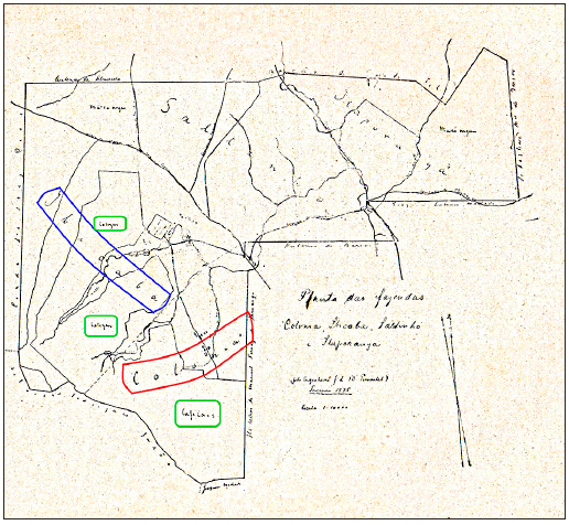 Mapa das fazendas Col&ocirc;nia, Ibicaba, Saltinho e Itaporanga, 1875. Destaque para as &aacute;reas da Col&ocirc;nia (em vermelho), da sede de Ibicaba (em azul) e dos cafezais (em verde)106