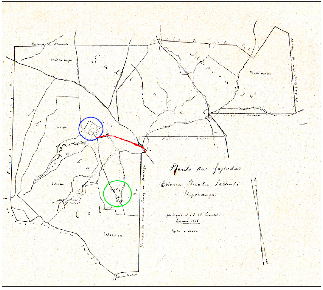 Mapa das fazendas Col&ocirc;nia, Ibicaba, Saltinho e Itaporanga.