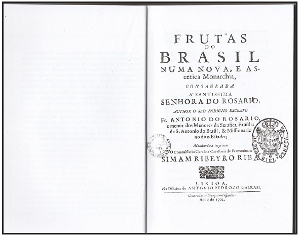Folha de rosto e sum&aacute;rio de Frutas do Brasil, de Frei Ant&ocirc;nio do Ros&aacute;rio (1702)