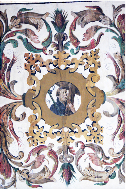 Pinturas do teto da sacristia da Bas&iacute;lica de Salvador com retratos de jesu&iacute;tas e detalhes de animais e frutas brasileiras estilizadas (abacaxi). Fotografias do autor