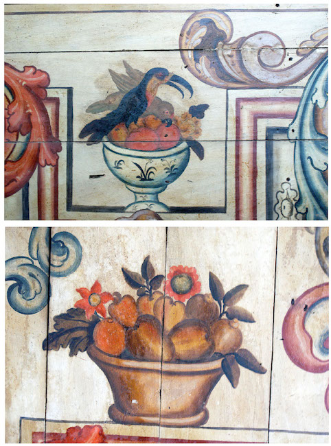 Detalhes de pintura do teto do vest&iacute;bulo da igreja da Ordem Terci&aacute;ria do Carmo, Mogi das Cruzes, mostrando arranjos de frutas e p&aacute;ssaros brasileiros. Fotografias do autor