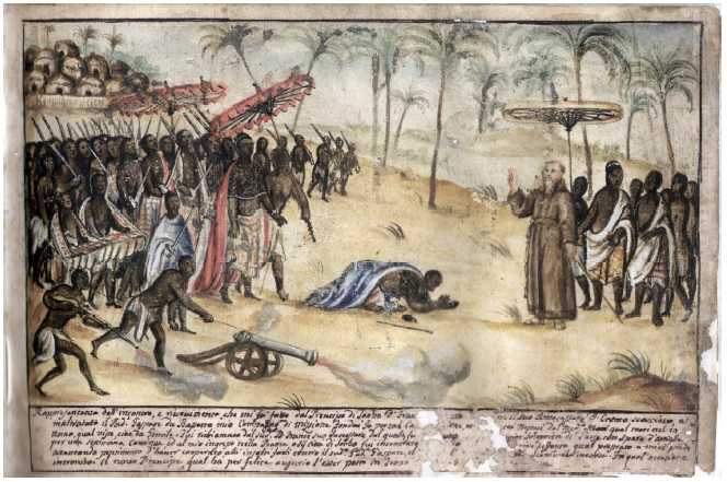 − Bernardino d’Asti. Reception of a capuchin missionary by a local ruler. Italy, ca. 1740. Watercolor on paper, 19,5 x 28 cm. Biblioteca Civica Centrale, Torino, MS 457, fol. 18. Photograph copyright: © Settore Sistema bibliotecario urbano della Città di Torino.