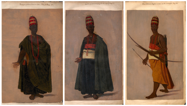 − Albert Eeckhout. Portrait of a Kongo Ambassadors to Recife, ca. 1637-1644, oil on paper, 30 x 50 cm, Jagiellonian Library, Krakow, Libri Picturati 34, folio 1, 3, 5. Photograph courtesy of the Jagiellonian Library Photographic Services.
