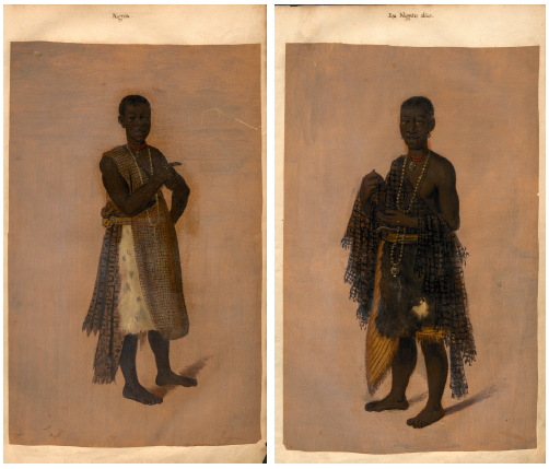 − Albert Eeckhout, Portrait of a Kongo Ambassadors to Recife, ca. 1637-1644, oil on paper, 30 x 50 cm, Jagiellonian Library, Krakow, Libri Picturati 34, folio 9 and 11. Photograph courtesy of the Jagiellonian Library Photographic Services.