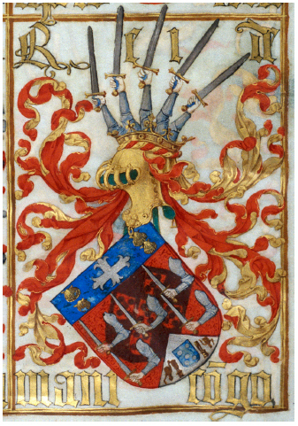− Rei de Manicongo, Coat of Arms of the King of Kongo. António Godinho. Livro da nobreza e perfeiçam das armas. Portugal, 1528-1541. Pigment and Gold on parchment, 430 x 320 mm. PT/TT/CR/D/A/1/20, Direção-geral dos Arquivos - Torre do Tombo, Lisbon, MS CF-164, folio 7 (detail). Photo courtesy of ANTT.