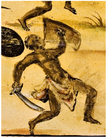 − Bernardino d’Asti. Sangamento dancer. ca. 1750. Watercolor on paper, 19,5 x 28 cm. Biblioteca Civica Centrale, Torino, MS 457, detail of fol. 18. Photograph copyright: © Settore Sistema bibliotecario urbano della Città di Torino.