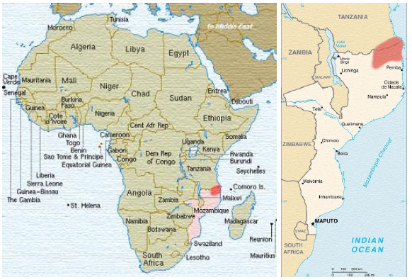 - Mapas da África e de Moçambique com destaque em vermelho para a principal região habitada pela população makonde ao nordeste de Moçambique e sudeste da Tanzânia.9