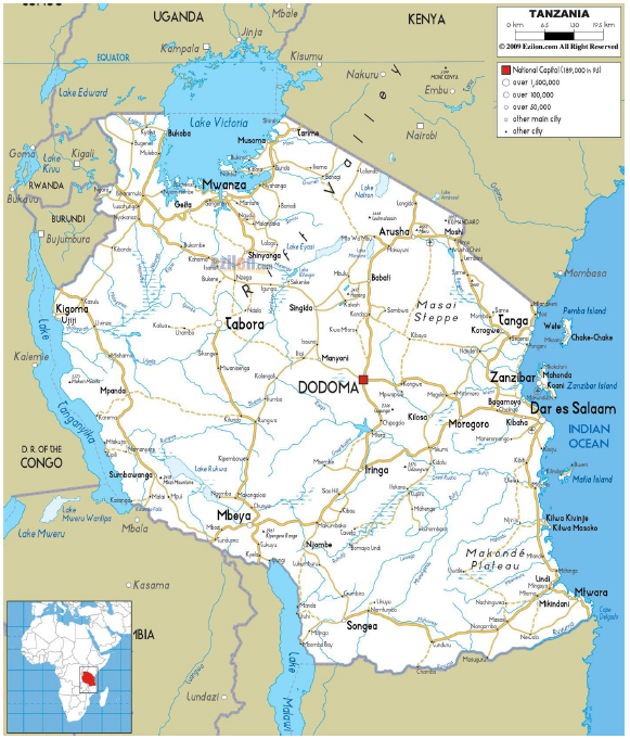 Mapa da Tanzânia com delimitação do rio Rovuma ao sul, na fronteira com Moçambique.12