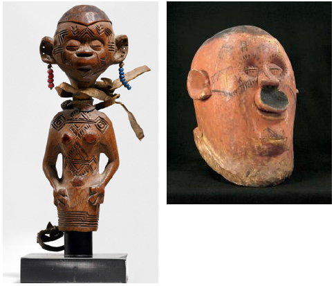 -Mtete da coleção de Robert Rubin (séc. XX)29 e máscara mapiko, de aproximadamente 40 cm, da coleção da Sociedade de Geografia de Lisboa (séc. XIX)30, nas quais é possível observar as semelhanças nas formas dos olhos, boca, nariz e orelhas, além das tatuagens faciais.