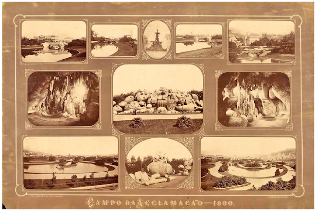 Campo de Santana em imagens de 1880, de Marc Ferrez, mostrando os caminhos sinuosos e as obras em cimento armado modeladas por Paul Villon, com a gruta, o lago, a ponte, a cascata e o mirante. Acervo da Biblioteca Nacional, Rio de Janeiro.