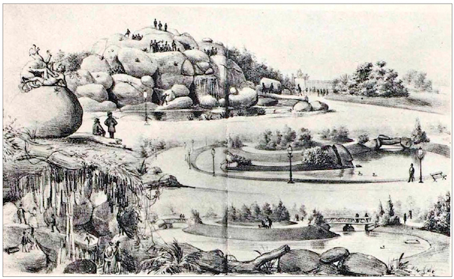 Litografia de Angelo Agostini. Jardim do Campo de Santana. Fonte: Revista Illustrada, n. 223, 1880, p. 4. Acervo da Biblioteca Nacional, Rio de Janeiro.