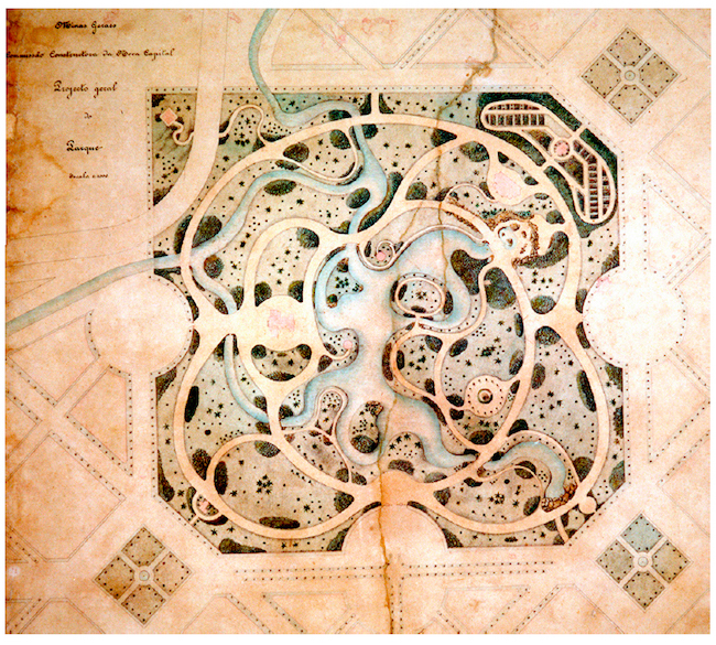 Planta de Paul Villon para o Parque Municipal de Belo Horizonte, 1894. H&aacute; grandes conjuntos em rocailles previstos para ser executados e que podem ser visualizados nesta planta. Acervo da Comiss&atilde;o Construtora Capital. Fonte: <https://goo.gl/tpT8OP>. Acesso em: 7 jul. 2017.