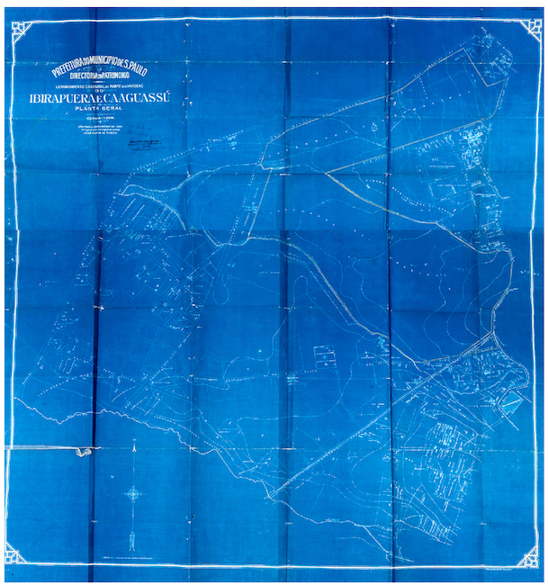 &ldquo;Levantamento cadastral de parte das v&aacute;rzeas do Ibirapuera e Caguass&uacute;&rdquo;, de dezembro de 1926. Discrimina&ccedil;&atilde;o, em giz amarelo, do terreno da Invernada dos Bombeiros.