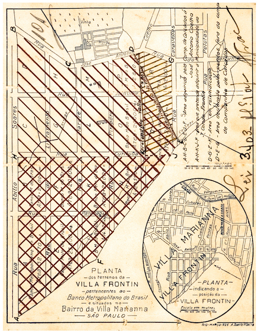 Planta do loteamento de Vila Frontin, com a discrimina&ccedil;&atilde;o das &aacute;reas negociadas com a prefeitura.