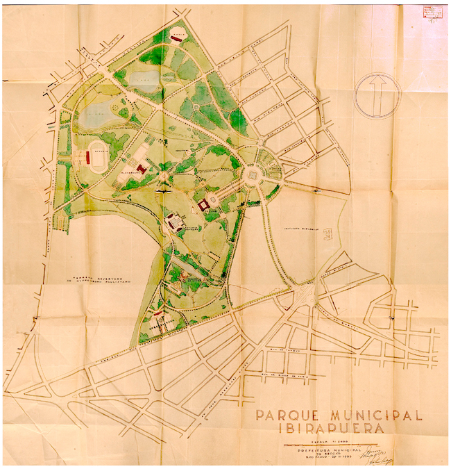 &ldquo;Parque Municipal Ibirapuera&rdquo;. Planta do projeto, de 29 de novembro de 1933, prevendo a reserva de &aacute;rea para a implanta&ccedil;&atilde;o do hip&oacute;dromo.