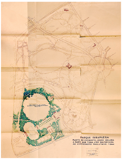 &ldquo;Parque Ibirapuera. Planta do conjuncto, sendo inclu&iacute;da a parte que tinha sido reservada ao hyppodromo paulistano&rdquo;, de 17 de abril de 1935.
