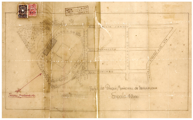 &ldquo;Trecho do Parque Municipal de Ibirapuera&rdquo;, de 1937, com discrimina&ccedil;&atilde;o de &aacute;rea para a implanta&ccedil;&atilde;o de um gin&aacute;sio de esportes.