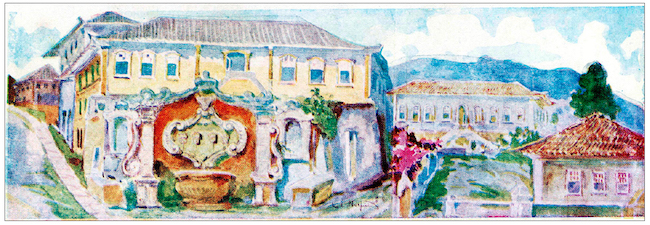 Alfredo Norfini. Chafariz do Largo de Mar&iacute;lia de Dirceu em Ouro Preto. 192?, aquarela, 44,8 x 14,3 cm. Acervo do Museu Hist&oacute;rico Nacional, Rio de Janeiro.