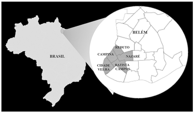 Mapa do Centro Histórico de Belém e seu entorno, com a indicação dos bairros que o constituem (Nazaré, Batista Campos, Campina, Cidade Velha, parte do Reduto e do Jurunas).