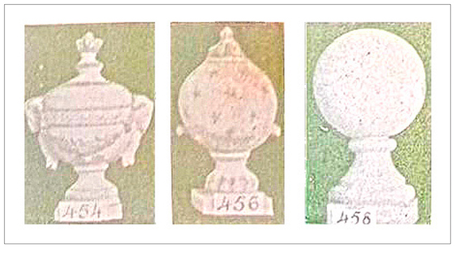 Imagens dos globos disponíveis no Catálogo da fábrica de cerâmica e fundição das Devesas, seguindo as seguintes denominações: com cabeça de carneiro; de folhas; lisas. Fonte: Catálogo da fábrica de cerâmica e fundição das Devesas - Antonio Almeida da Costa & Cia.. Vila Nova de Gaya (1910).