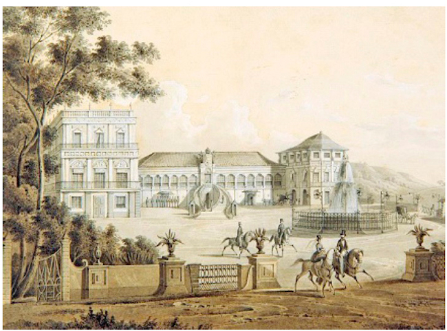 Palácio da Quinta da Boa Vista ou Quinta de São Cristóvão, no Rio de Janeiro, com estátuas no coroamento da fachada à esquerda e vasos encimando as colunas do muro. Frielieux ca.1835. Fonte: Gilberto Ferrez (2000, p. 122).