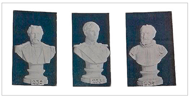 D. Luís I; D. Pedro V; Camões. Fonte: Catálogo da fábrica de cerâmica e fundição das Devesas - Antonio Almeida da Costa & Cia.. Vila Nova de Gaya (1910).