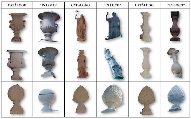 Ornamentos de platibanda de edificações de Belém e seu padrão correspondente no catálogo da Fábrica de Cerâmica e de Fundição das Devesas. Fonte: Elaborada pela autora, 2016, incluindo imagens de Catálogo da fábrica de cerâmica e fundição das Devesas - Antonio Almeida da Costa & Cia.. Vila Nova de Gaya (1910).