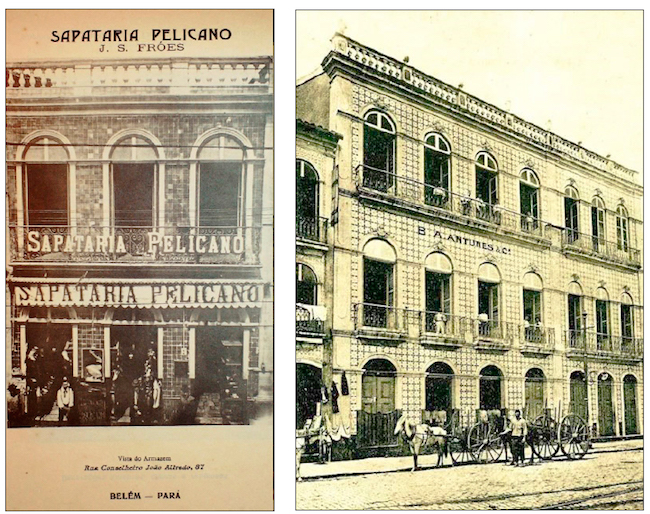 Exemplares de tipologias de edificações de dois e três pavimentos, com térreo de uso comercial: A) Sapataria Pelicano, J. S. Frões, Rua Conselheiro João Alfredo, 87; e B) Casa Commercial Antunes, Rua da Indústria. Nota-se a presença da platibanda balaustrada em ambas as construções. Fonte: Indicador Illustrado do Estado do Pará - Parte II (1910).