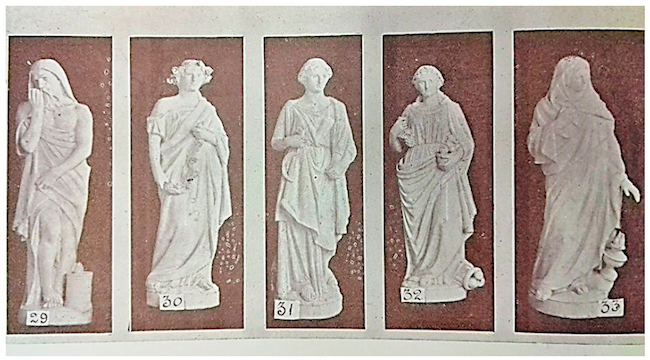 Esculturas de modelo neoclássico em faiança. Fonte: Catálogo da fábrica de cerâmica e fundição das Devesas - Antonio Almeida da Costa & Cia.. Vila Nova de Gaya (1910).