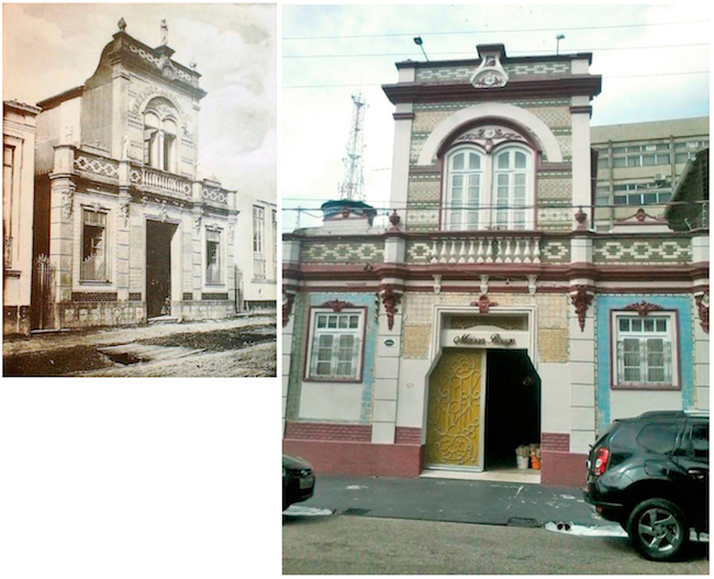 Exemplar da fachada descaracterizada de um antigo estabelecimento de vendas de materiais de construção, “Salvador, Mesquita & Cª Constructores”, localizado na Travessa São Francisco, nº 10, em Belém do Pará. Na primeira imagem, vê-se o imóvel no ano de 1910 e a segunda fotografia data de 2016, em que se nota a descaracterização do imóvel. Referente aos ornamentos, observa-se o desaparecimento da estátua, que adornava o centro da platibanda, das duas pinhas que ornavam as pontas e de quatro estátuas, que se situavam na altura do balcão, na direção da marcação de quatro colunas. Fonte: Indicador Illustrado do Estado do Pará - Parte II (1910). Na página ao lado, fotografia de Tainá Arruda, 2015.