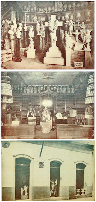 Fotos de lojas de materiais de construção que comercializavam ornamentos cerâmicos vitrificados em Belém: Grandes officinas mechanicas da “Marmoaria Luzitana”, rua Padre Prudencio nº13 e 15 com succursal em frente ao Cemiterio de Santa Izabel; Loja Salvador Mesquita, localizada na Travesa São Francisco; fachada externa da loja Marmoaria Luzitana. Fonte: Indicador Illustrado do Estado do Pará - Parte II (1910).