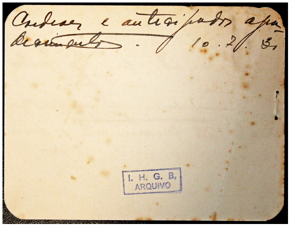 Verso do cartão do ministro Vianna do Castello. Acervo do Instituto Histórico e Geográfico Brasileiro.