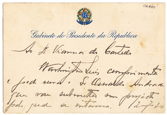 Cartão do gabinete do presidente da República ao ministro Vianna do Castello. Acervo do Centro de Documentação Cultural Alexandre Eulalio (Unicamp).