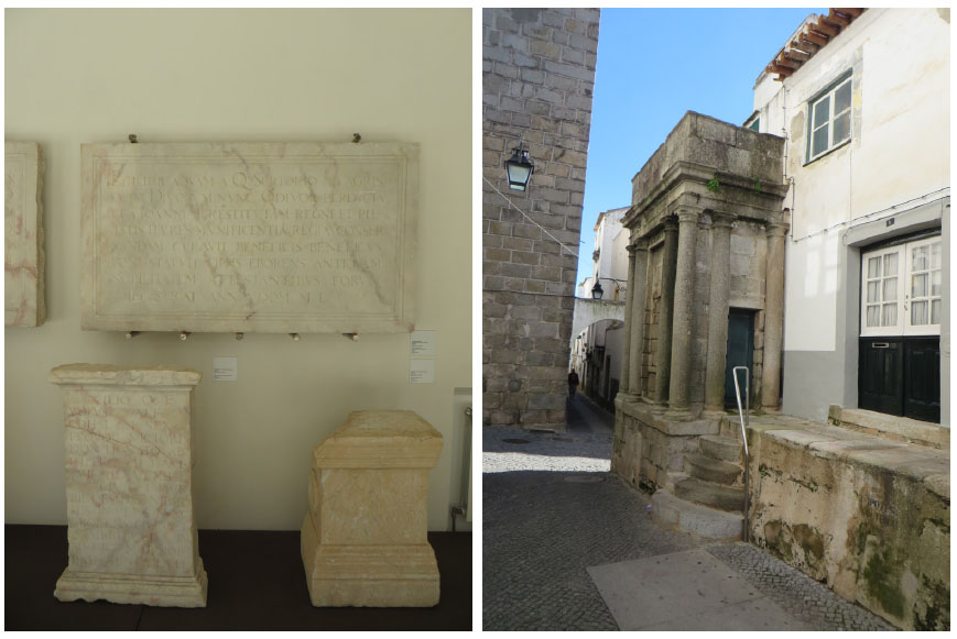 Estelas e lápide produzidas por André de Resende (Coleção do Museu de Évora) e caixa d'água da Rua Nova. Fotografias: Darlan De Mamann Marchi, 2016.