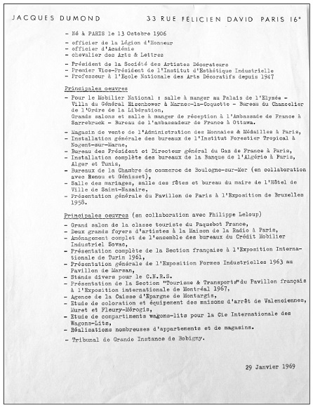 Curriculum vitae de Jacques Dumont circa 1969. 