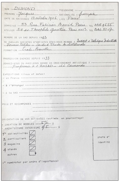 Fiche de renseignement des sociétaires SAD, Jacques Dumont, circa 1969. 