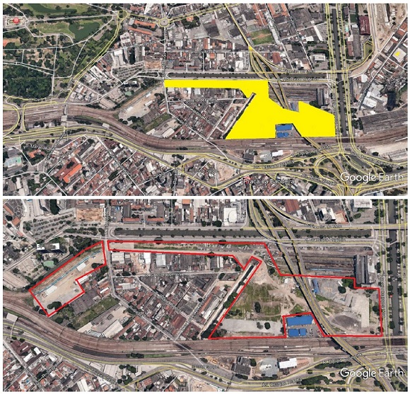 Localiza&ccedil;&atilde;o do canteiro na Pra&ccedil;a da Bandeira limitada pela Rua Francisco Eug&ecirc;nio, Avenida Francisco Bicalho, pela linha do trem e pelo canal paralelo &agrave; Rua Lopes de Souza. 