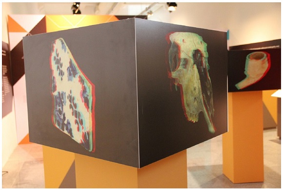 Imagem 3D anagl&iacute;fica de azulejo de padr&atilde;o estampilha e cr&acirc;nio bovino. 