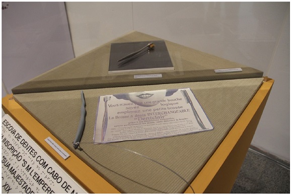 Impress&atilde;o 3D de escova de dente acompanhada de escova de dente de metal do acervo do MHN.  