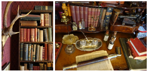 Holmes e o universo material dos livros. Nas imagens, livros comp&otilde;em o escrit&oacute;rio de Holmes, no Sherlock Holmes Museum. 