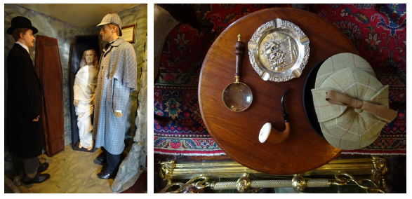 Vestes e artefatos de Holmes no Sherlock Holmes Museum.