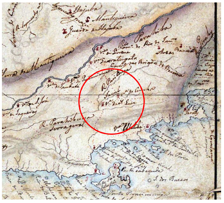 Detalhe do Mapa da Capitania de S&atilde;o Paulo, 1817 (copiado de original de 1811). Em destaque, a localiza&ccedil;&atilde;o de S&atilde;o Luiz do Paraitinga. Arquivo P&uacute;blico do Estado de S&atilde;o Paulo.