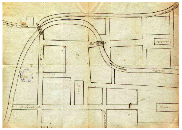 Desenho da Vila de S&atilde;o Lu&iacute;s do Paraitinga, datado de 1850, executado por Roxales de Sousa e Silva. Acervo do Arquivo P&uacute;blico do Estado de S&atilde;o Paulo. Reproduzido do Dossi&ecirc; S&atilde;o Lu&iacute;s do Paraitinga, Iphan/SP, 2010. 