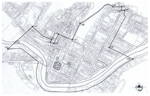 Mapa do Centro Hist&oacute;rico de S&atilde;o Luiz do Paraitinga, assinalando o per&iacute;metro de tombamento (pontos coordenados), 2010. Parecer T&eacute;cnico n. 016/2010 do Processo de Tombamento n. 1590 T-2010, Fl. 049. Iphan.
