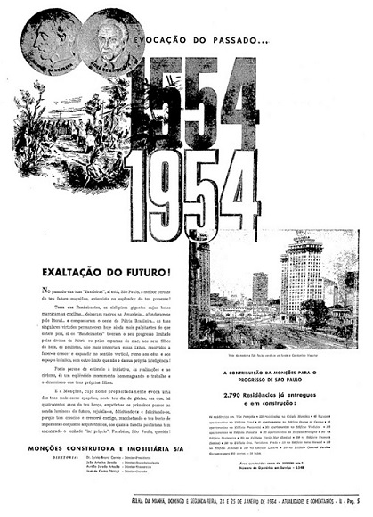 Propaganda Mon&ccedil;&otilde;es construtora e Imobili&aacute;ria S/A, Folha da manh&atilde;, 24 e 25 de janeiro de 1954, p. 5.